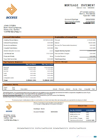 Download Gambia Access bank mortgage statement scr Photoshop template